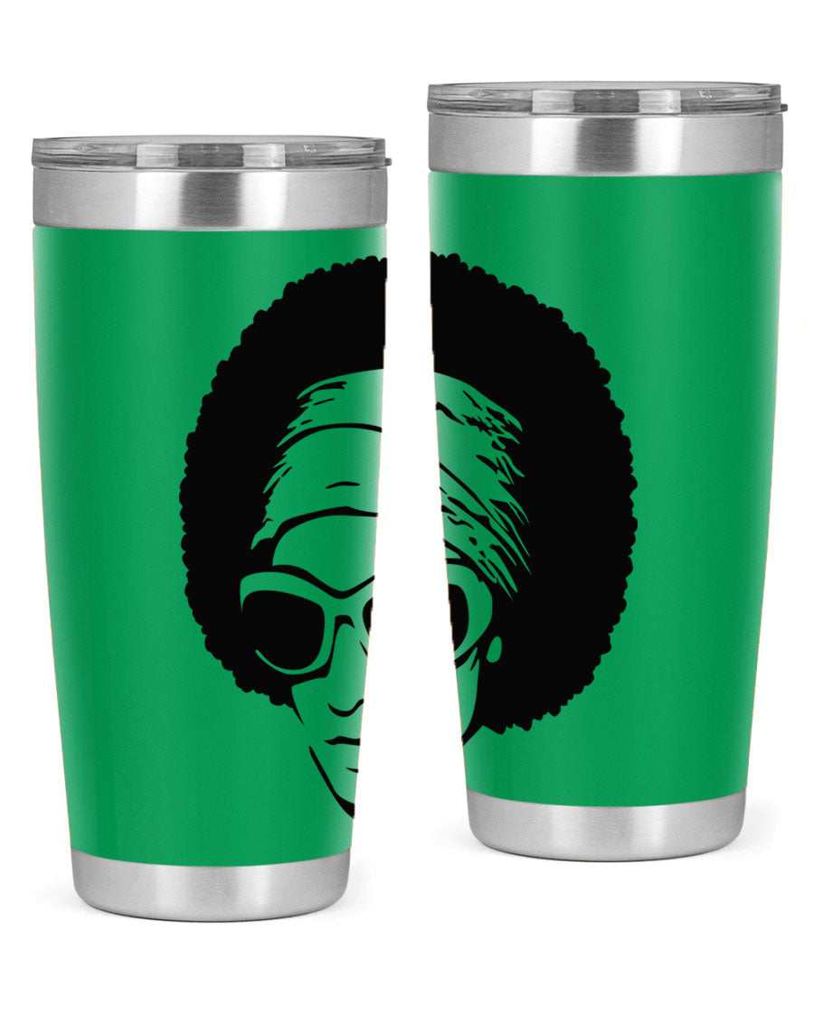 Black women queen tumbler in 20oz and 30oz sizes, showcasing a stylish design with double wall vacuum stainless steel and a drink-thru lid.