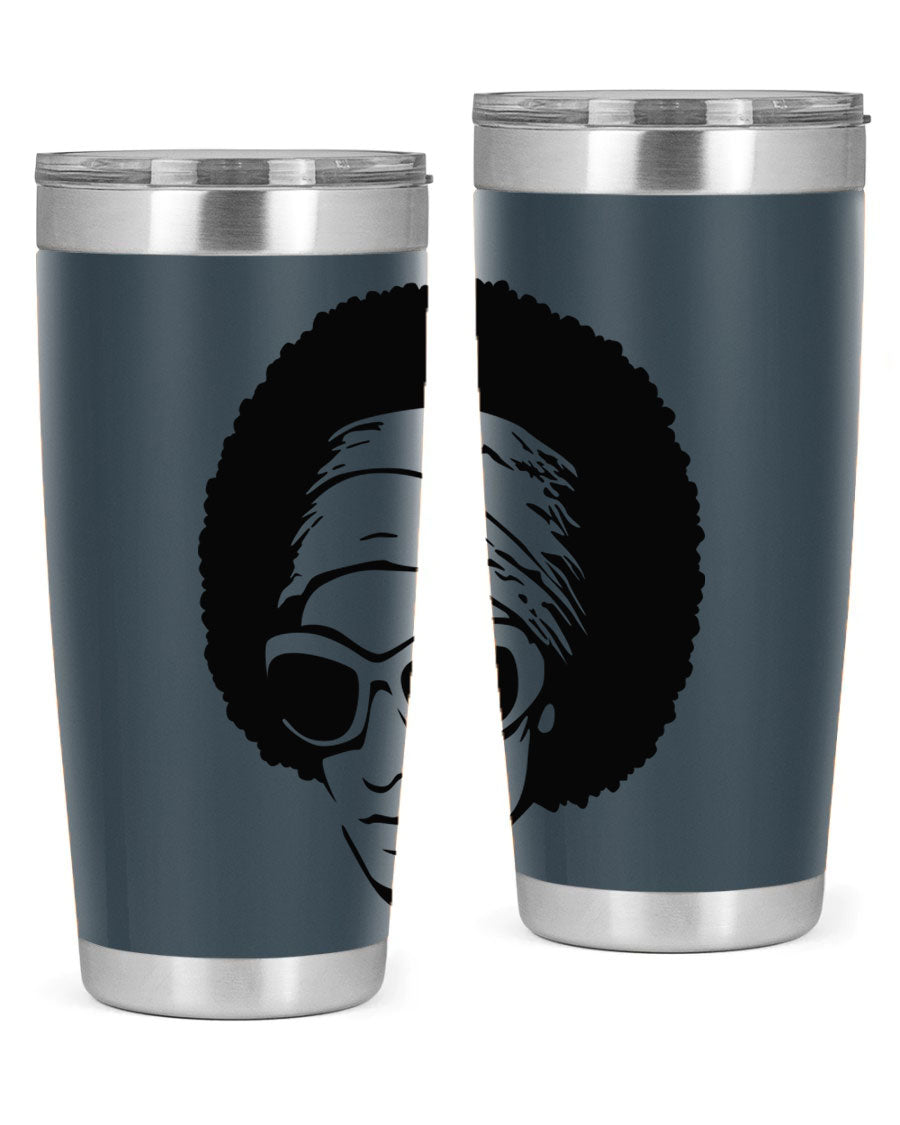 Black women queen tumbler in 20oz and 30oz sizes, showcasing a stylish design with double wall vacuum stainless steel and a drink-thru lid.