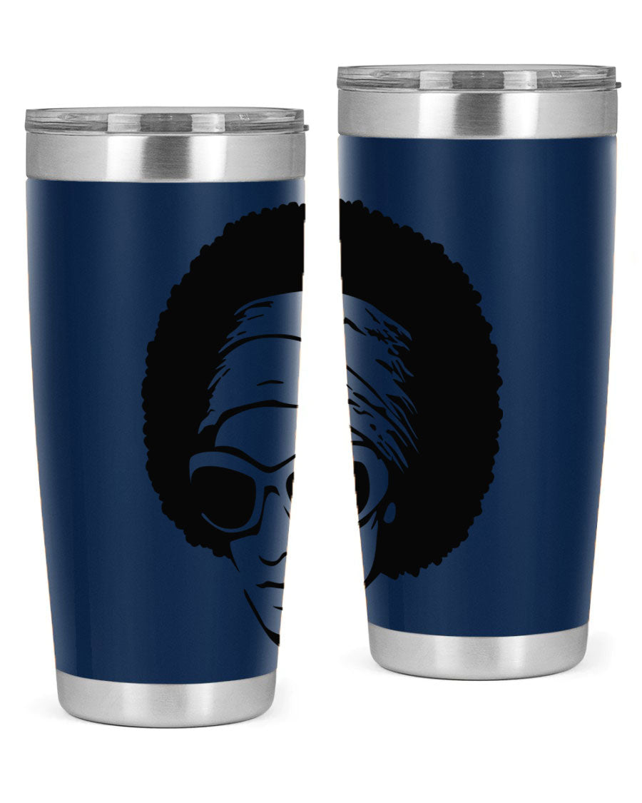 Black women queen tumbler in 20oz and 30oz sizes, showcasing a stylish design with double wall vacuum stainless steel and a drink-thru lid.