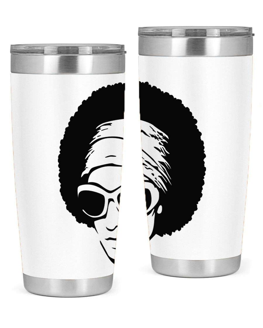 Black women queen tumbler in 20oz and 30oz sizes, showcasing a stylish design with double wall vacuum stainless steel and a drink-thru lid.