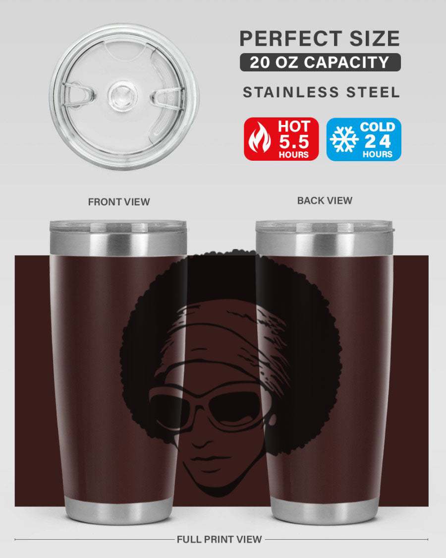 Black women queen tumbler in 20oz and 30oz sizes, showcasing a stylish design with double wall vacuum stainless steel and a drink-thru lid.