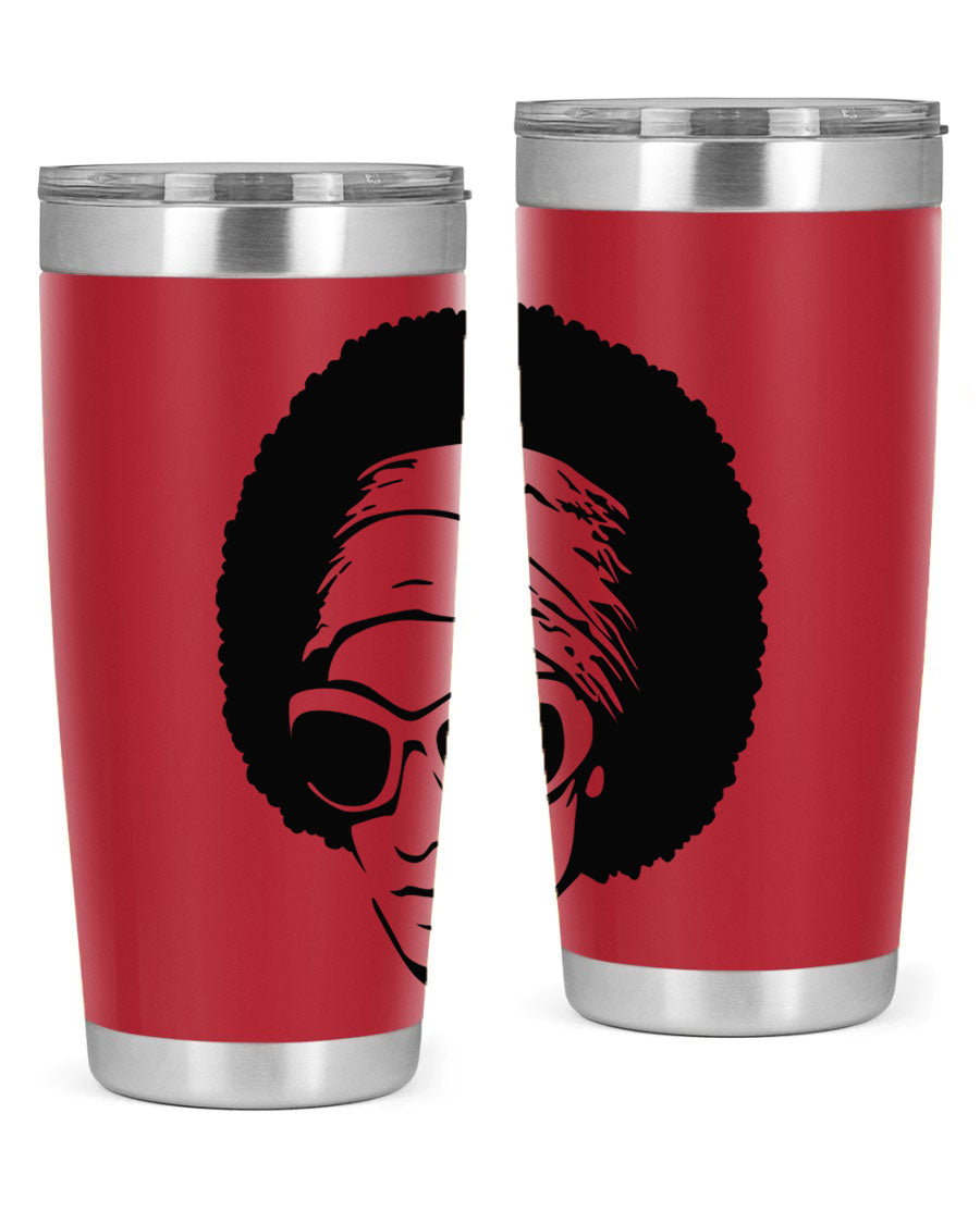 Black women queen tumbler in 20oz and 30oz sizes, showcasing a stylish design with double wall vacuum stainless steel and a drink-thru lid.