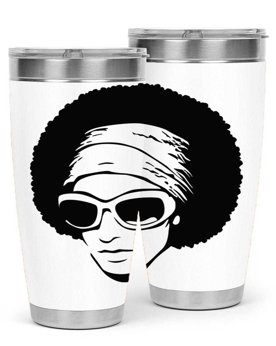 Black women queen tumbler in 20oz and 30oz sizes, showcasing a stylish design with double wall vacuum stainless steel and a drink-thru lid.