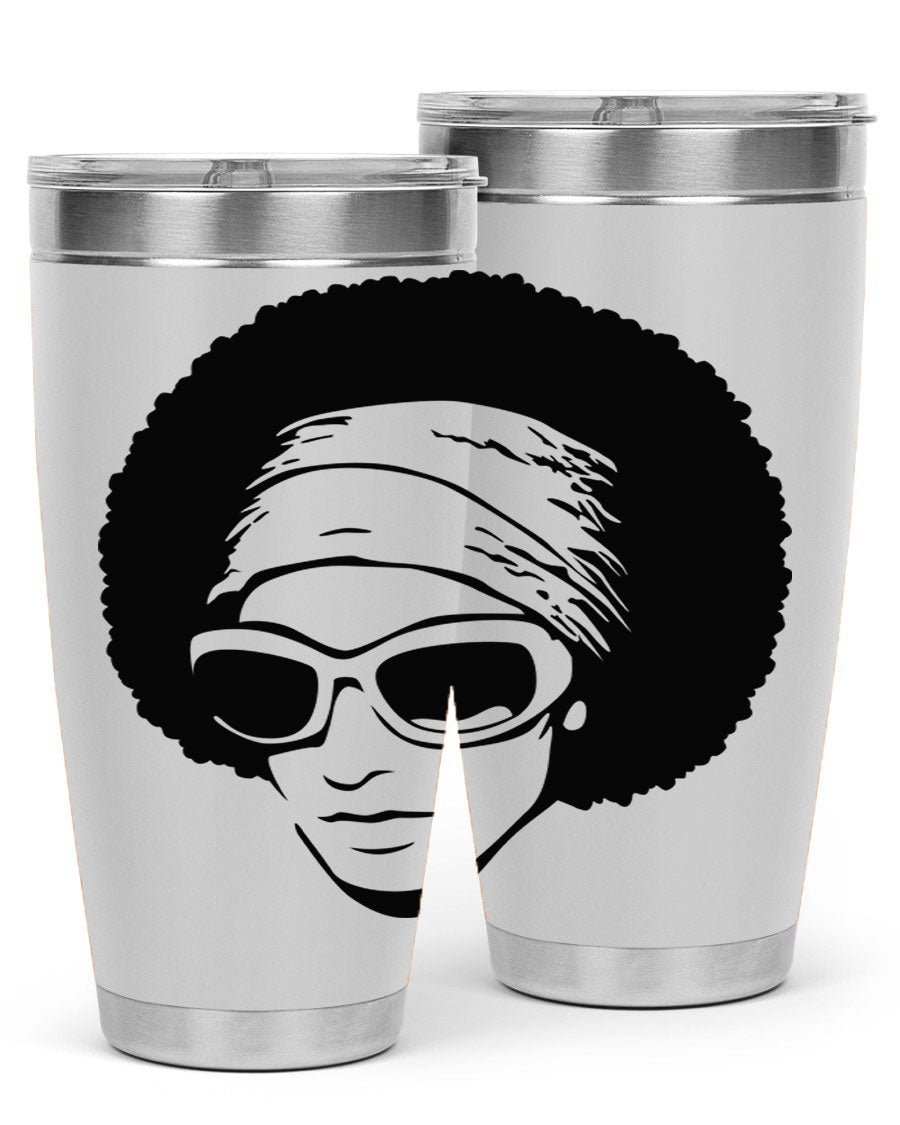 Black women queen tumbler in 20oz and 30oz sizes, showcasing a stylish design with double wall vacuum stainless steel and a drink-thru lid.