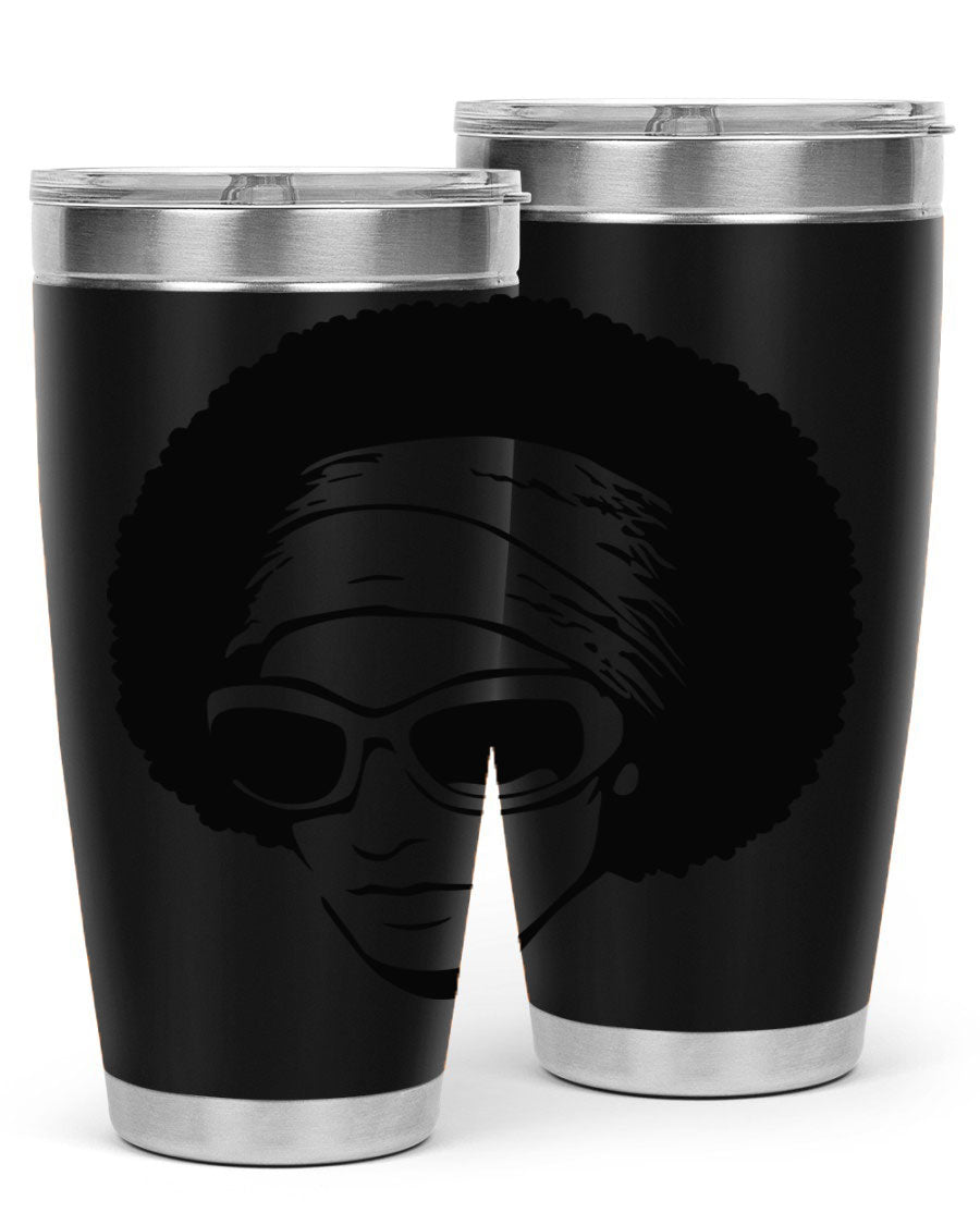 Black women queen tumbler in 20oz and 30oz sizes, showcasing a stylish design with double wall vacuum stainless steel and a drink-thru lid.