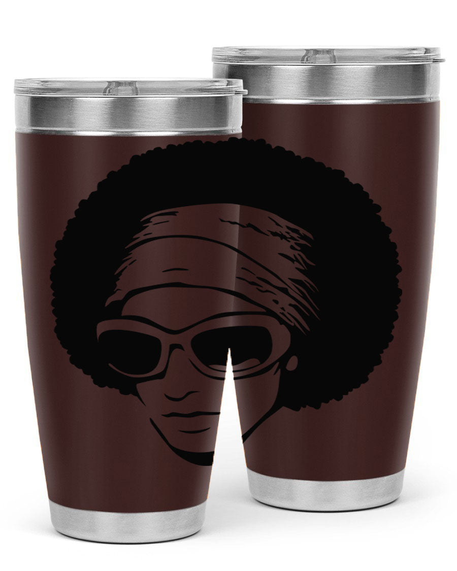 Black women queen tumbler in 20oz and 30oz sizes, showcasing a stylish design with double wall vacuum stainless steel and a drink-thru lid.