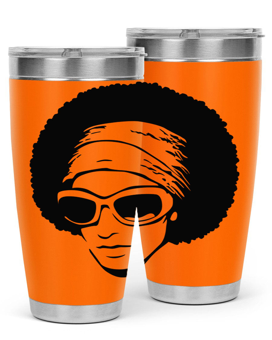 Black women queen tumbler in 20oz and 30oz sizes, showcasing a stylish design with double wall vacuum stainless steel and a drink-thru lid.