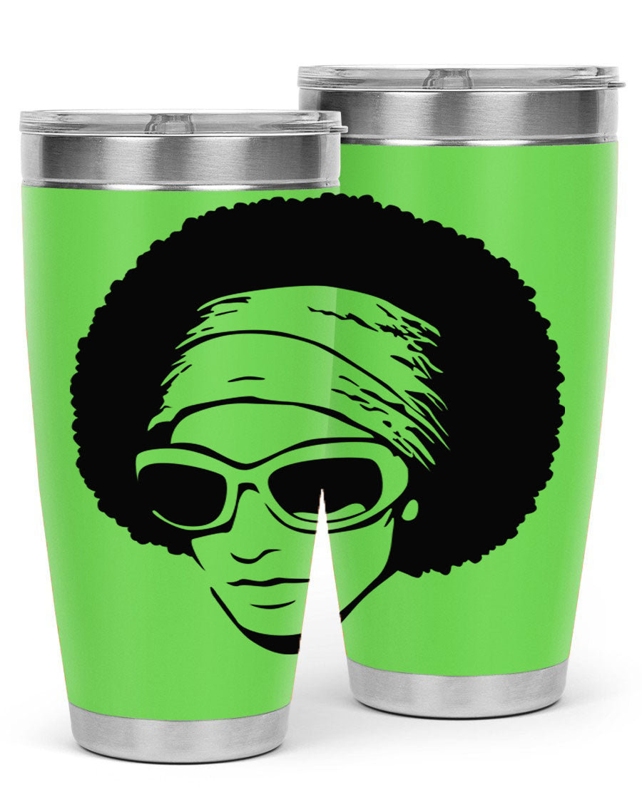 Black women queen tumbler in 20oz and 30oz sizes, showcasing a stylish design with double wall vacuum stainless steel and a drink-thru lid.