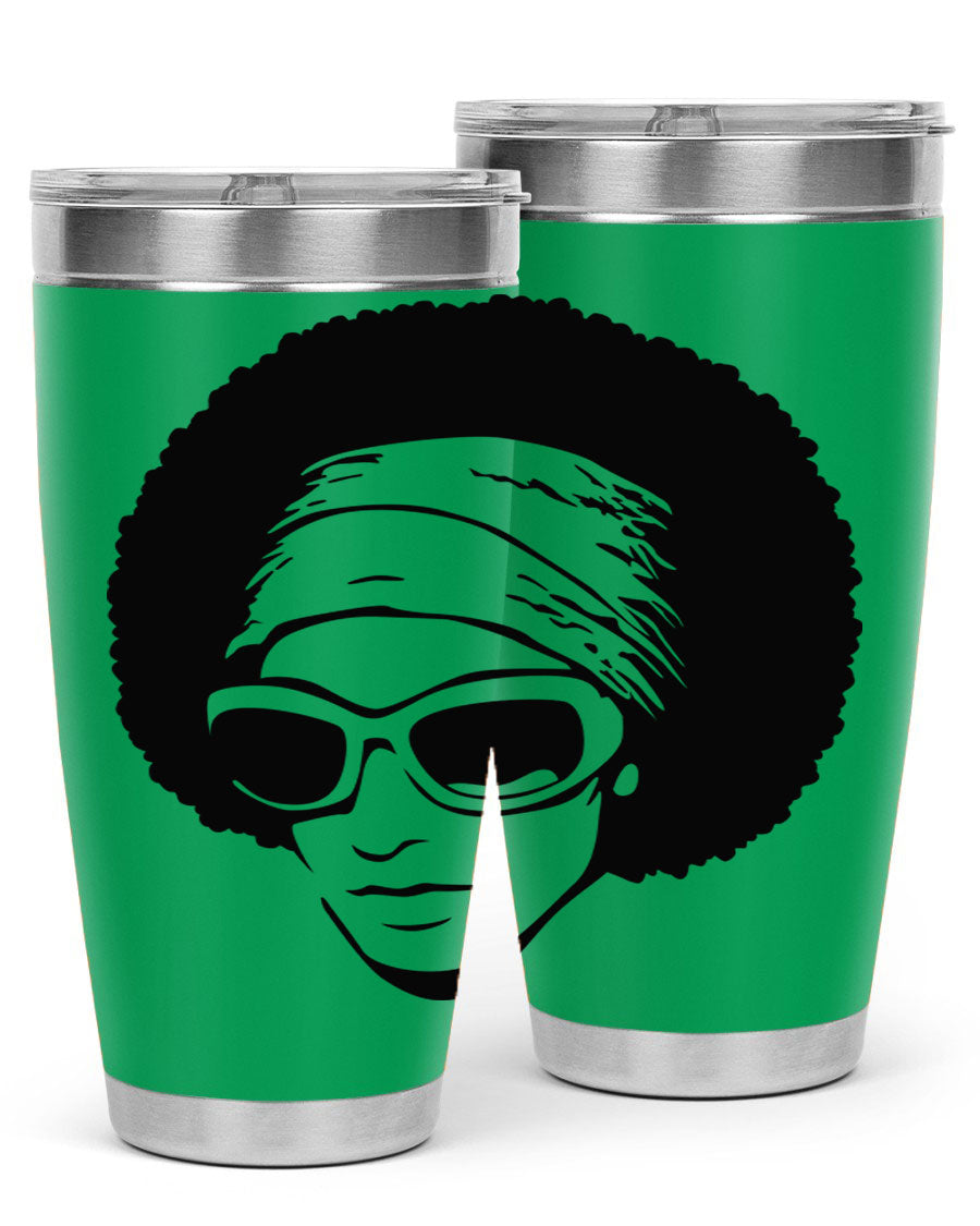 Black women queen tumbler in 20oz and 30oz sizes, showcasing a stylish design with double wall vacuum stainless steel and a drink-thru lid.