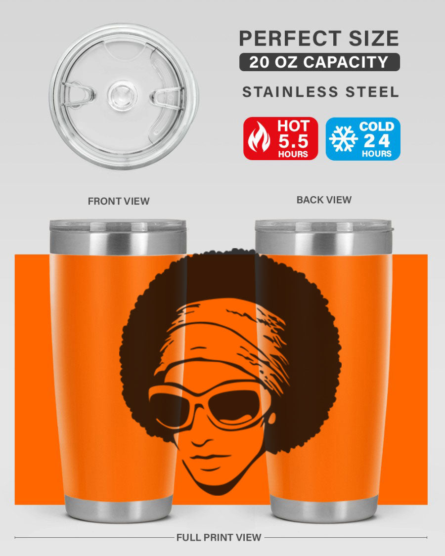 Black women queen tumbler in 20oz and 30oz sizes, showcasing a stylish design with double wall vacuum stainless steel and a drink-thru lid.