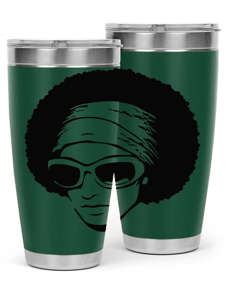 Black women queen tumbler in 20oz and 30oz sizes, showcasing a stylish design with double wall vacuum stainless steel and a drink-thru lid.