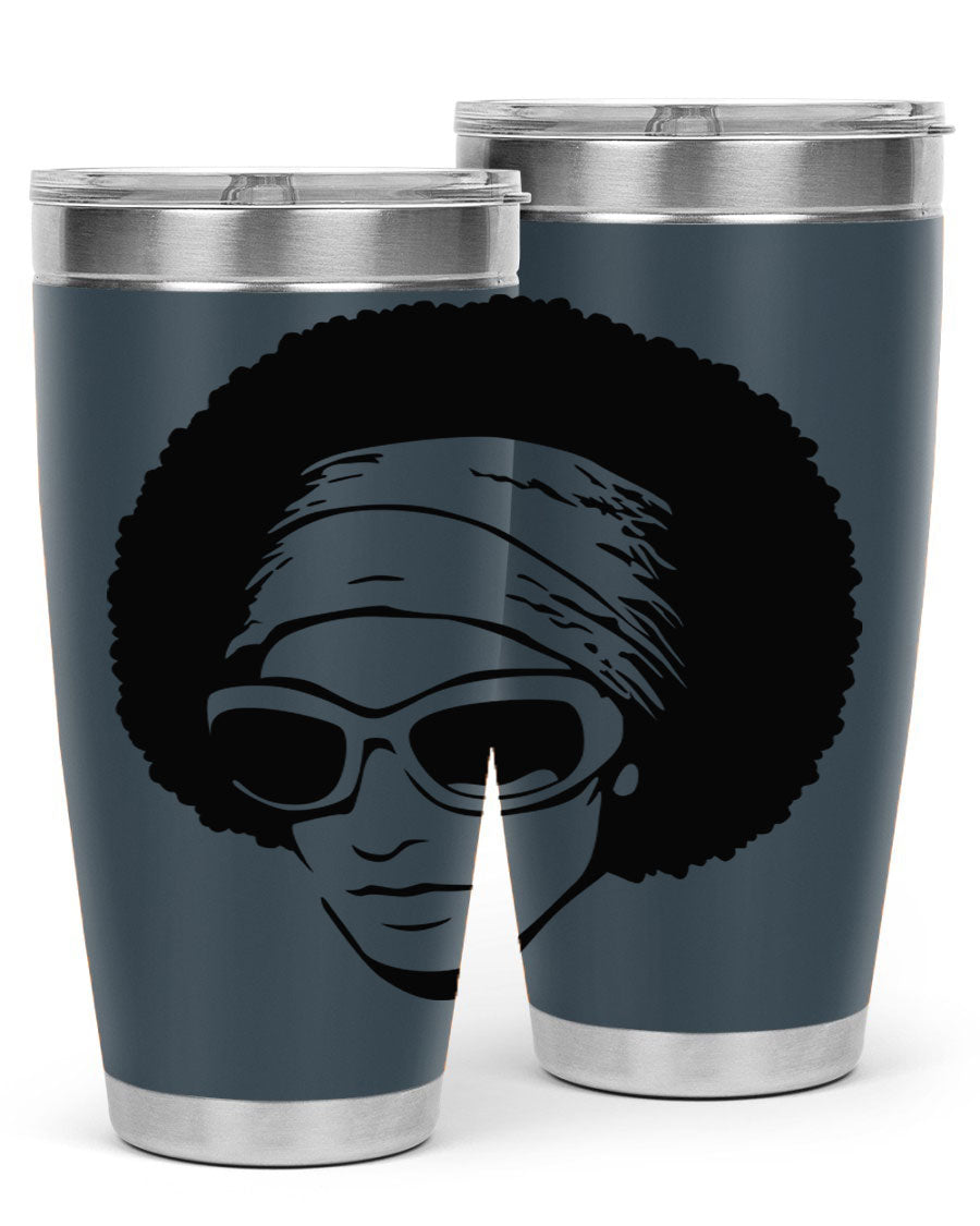 Black women queen tumbler in 20oz and 30oz sizes, showcasing a stylish design with double wall vacuum stainless steel and a drink-thru lid.