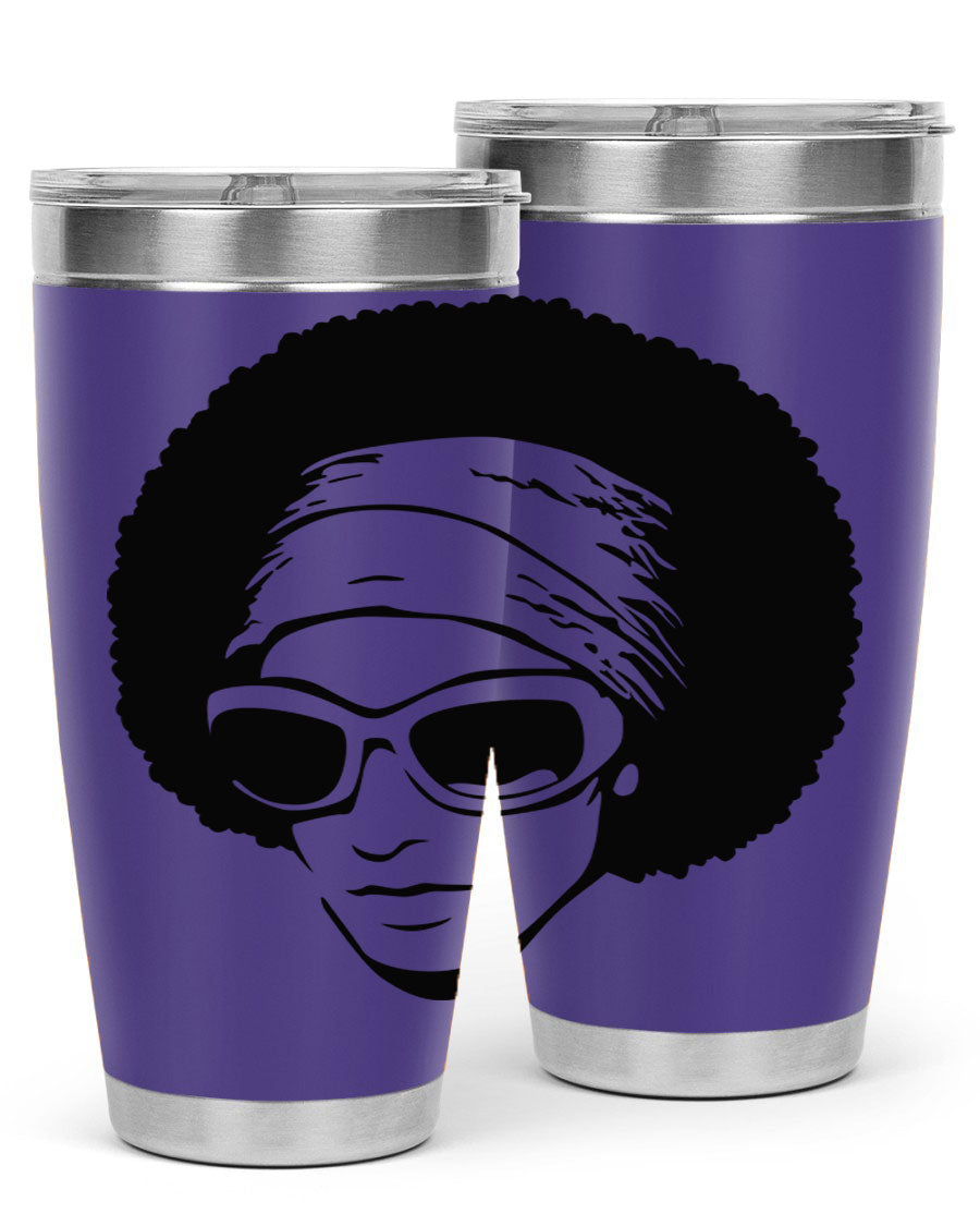 Black women queen tumbler in 20oz and 30oz sizes, showcasing a stylish design with double wall vacuum stainless steel and a drink-thru lid.