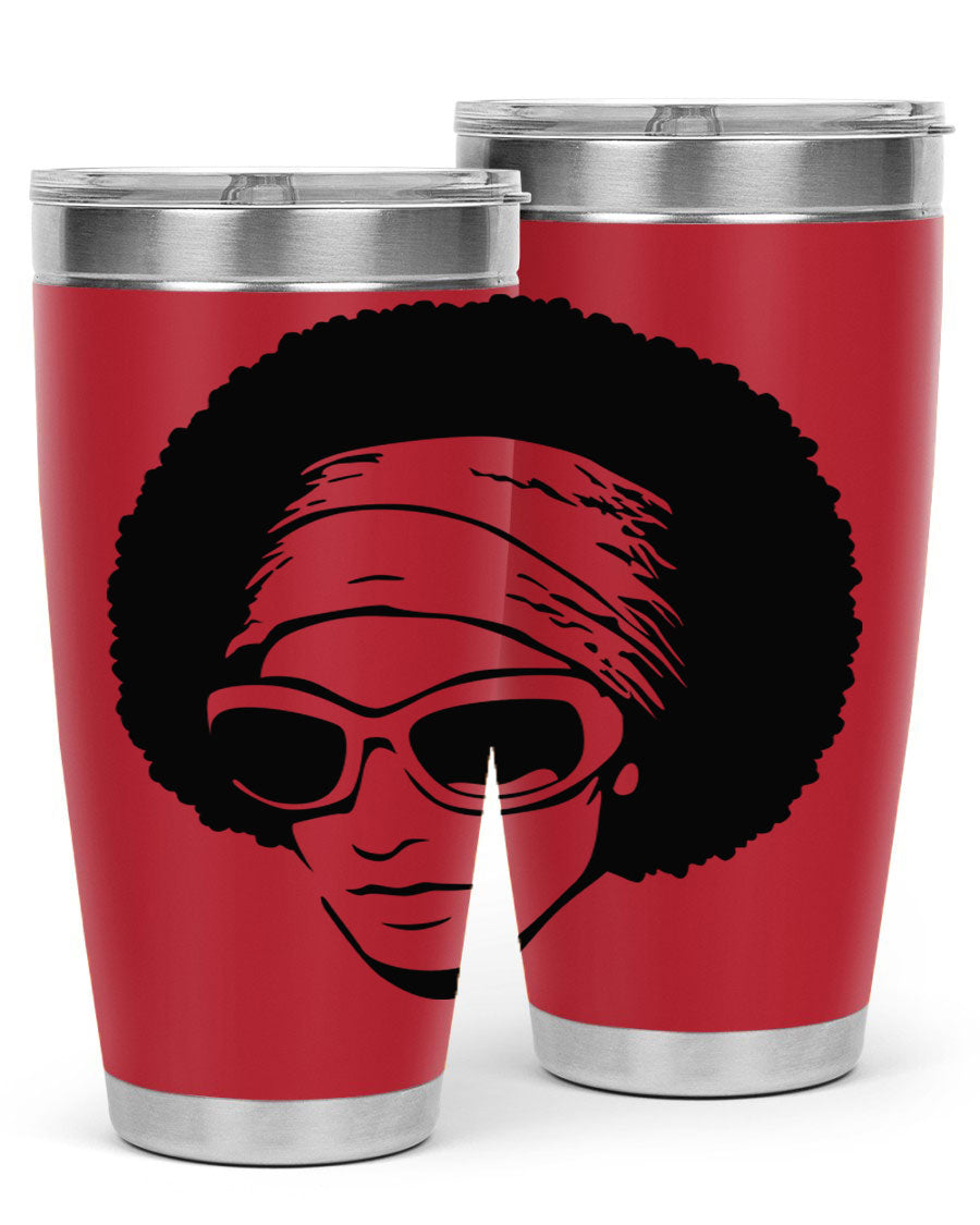 Black women queen tumbler in 20oz and 30oz sizes, showcasing a stylish design with double wall vacuum stainless steel and a drink-thru lid.