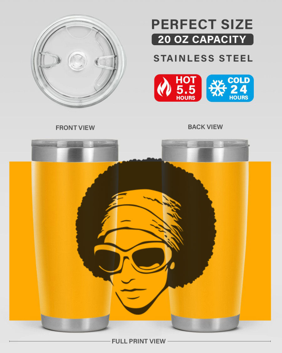 Black women queen tumbler in 20oz and 30oz sizes, showcasing a stylish design with double wall vacuum stainless steel and a drink-thru lid.