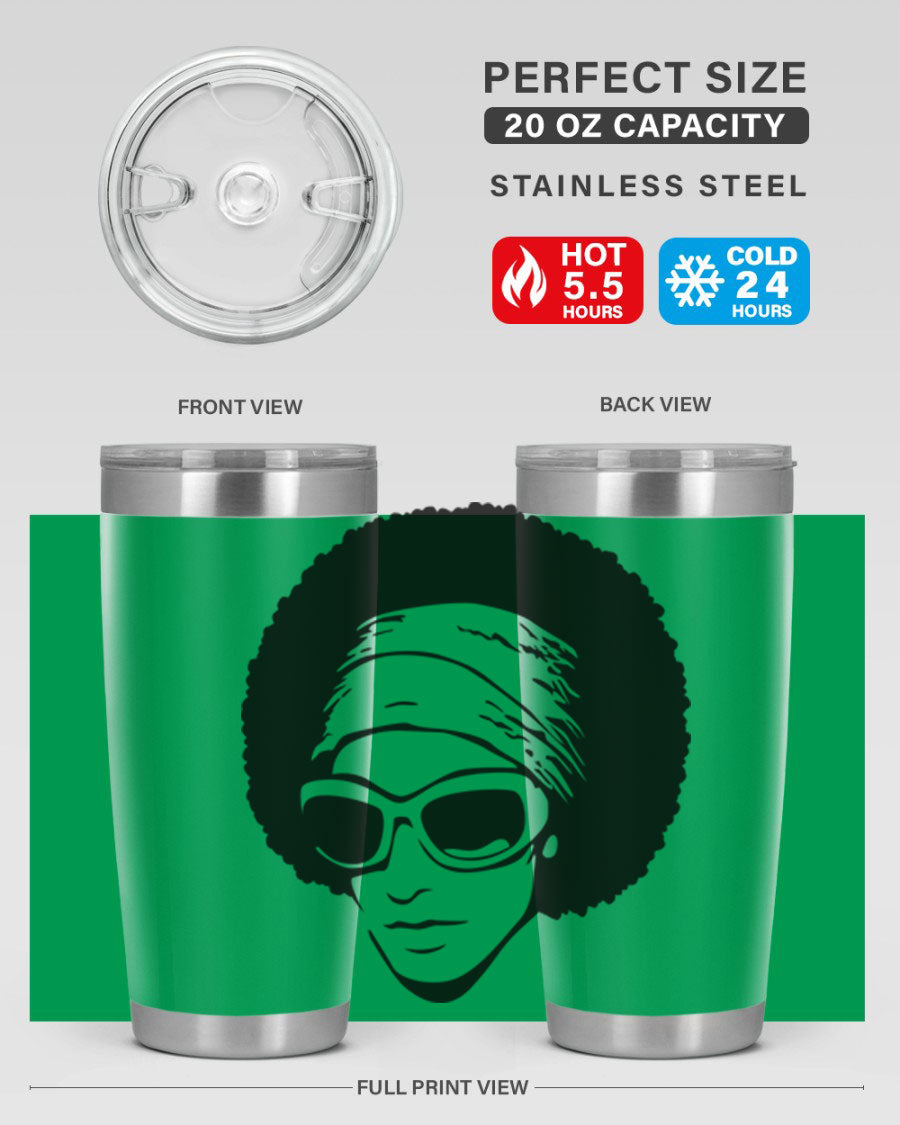 Black women queen tumbler in 20oz and 30oz sizes, showcasing a stylish design with double wall vacuum stainless steel and a drink-thru lid.