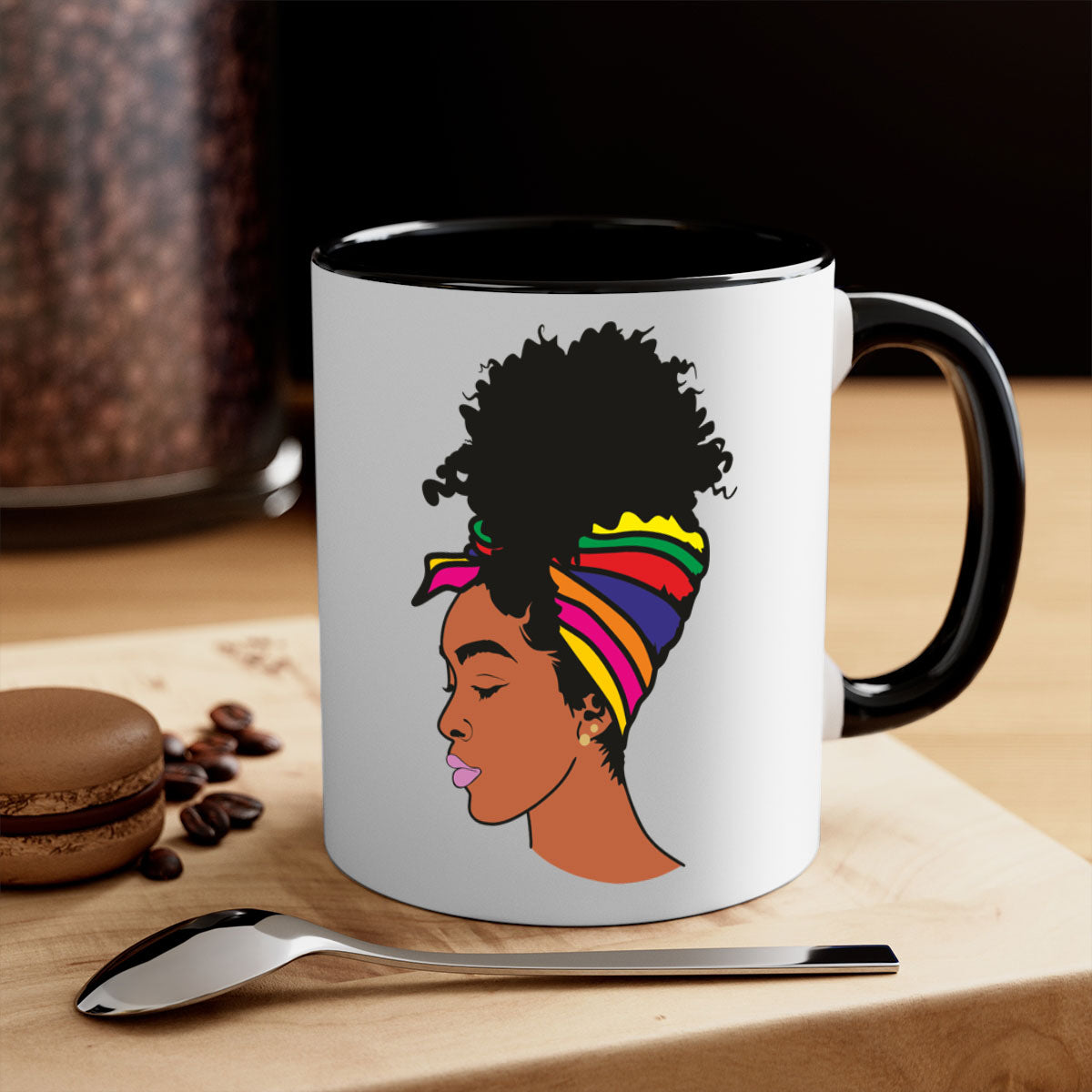 Black Women - Queen 88# Mug with colorful handle and glossy finish, showcasing empowerment and elegance.