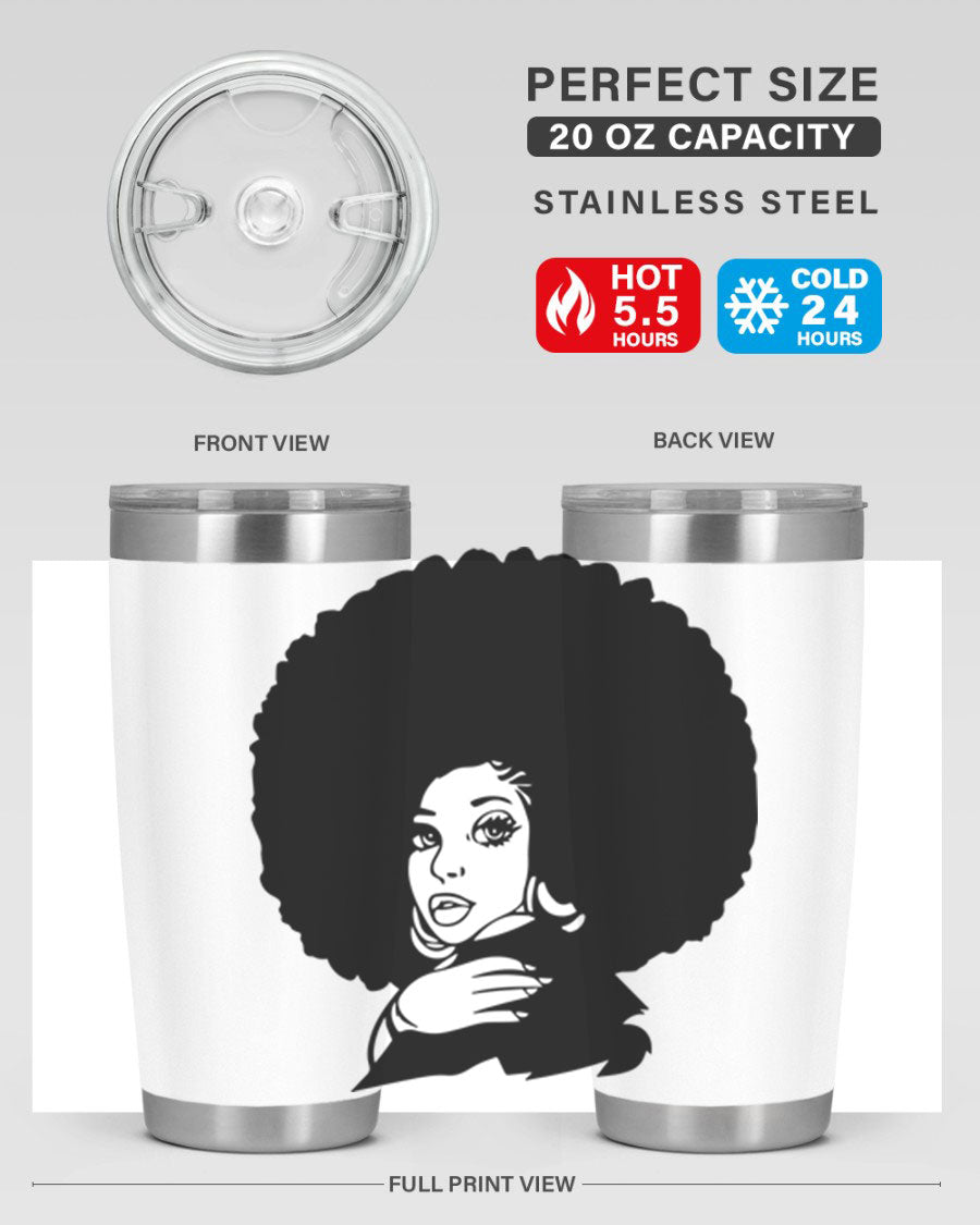 Black Women - Queen 20oz and 30oz tumblers featuring double wall vacuum stainless steel design with vibrant prints celebrating black women.