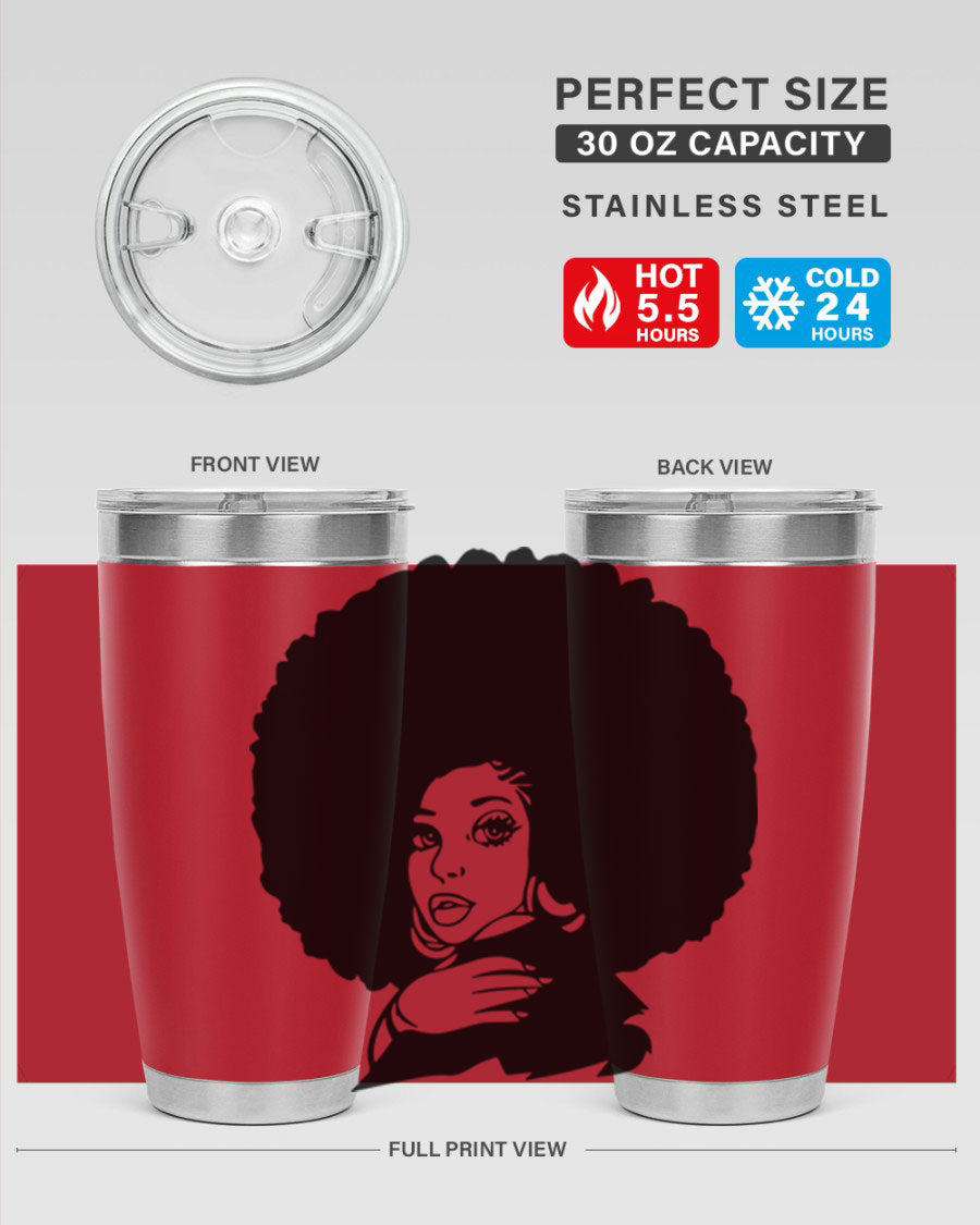 Black Women - Queen 20oz and 30oz tumblers featuring double wall vacuum stainless steel design with vibrant prints celebrating black women.