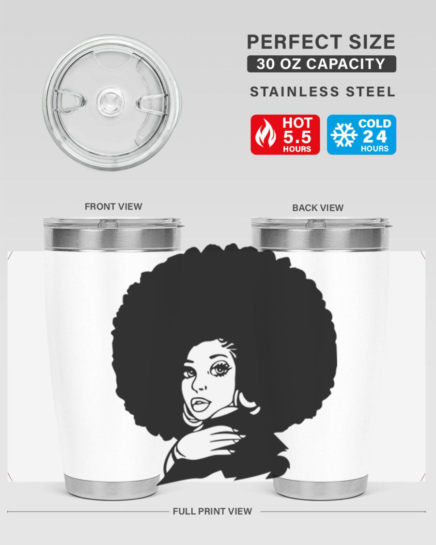 Black Women - Queen 20oz and 30oz tumblers featuring double wall vacuum stainless steel design with vibrant prints celebrating black women.