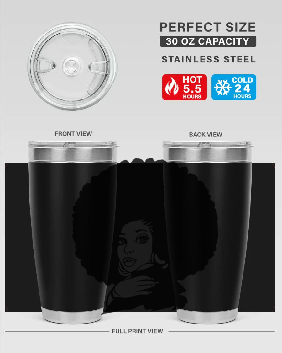 Black Women - Queen 20oz and 30oz tumblers featuring double wall vacuum stainless steel design with vibrant prints celebrating black women.