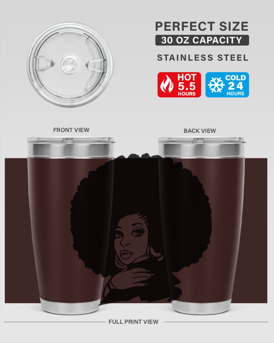 Black Women - Queen 20oz and 30oz tumblers featuring double wall vacuum stainless steel design with vibrant prints celebrating black women.