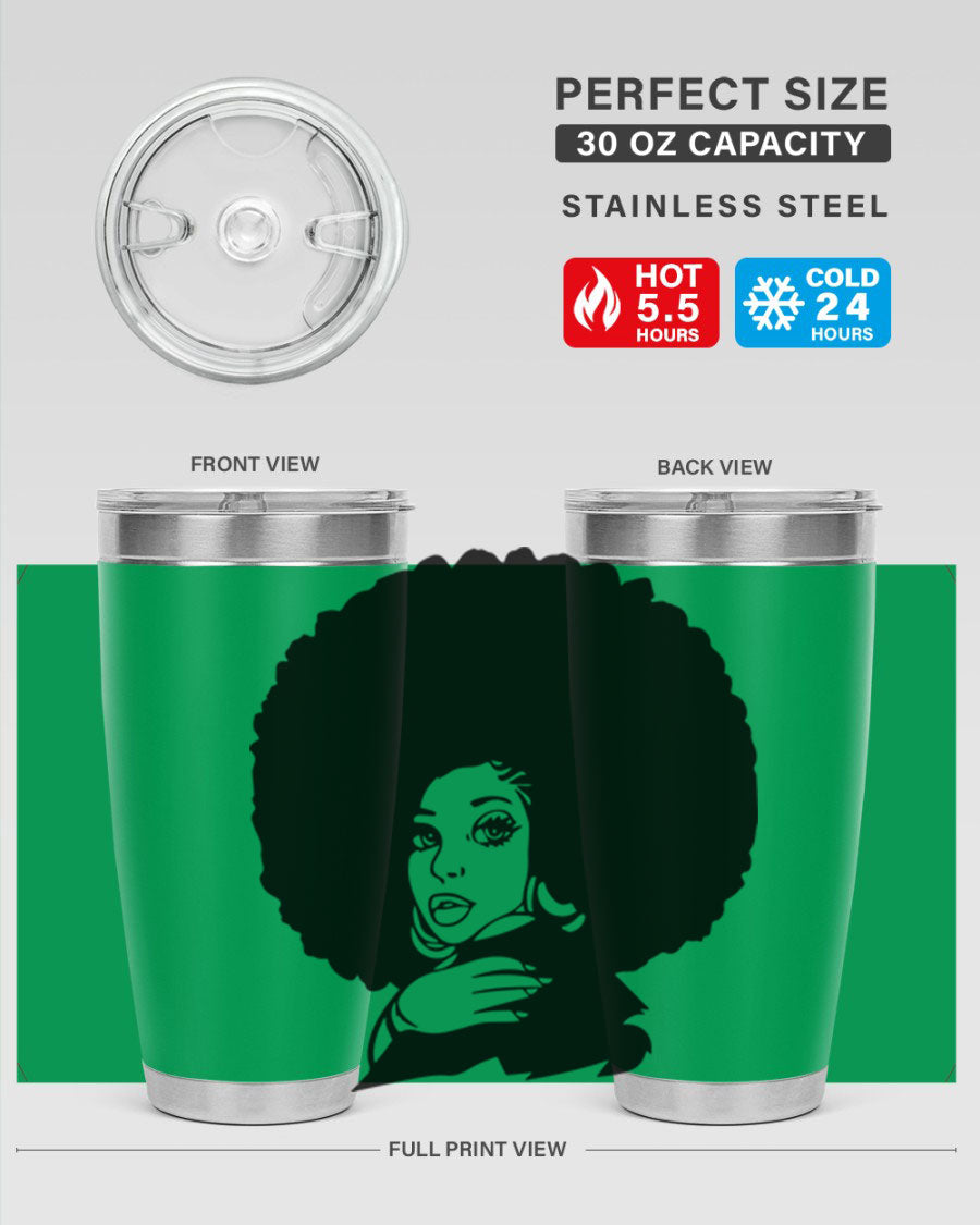 Black Women - Queen 20oz and 30oz tumblers featuring double wall vacuum stainless steel design with vibrant prints celebrating black women.