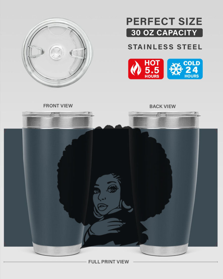 Black Women - Queen 20oz and 30oz tumblers featuring double wall vacuum stainless steel design with vibrant prints celebrating black women.