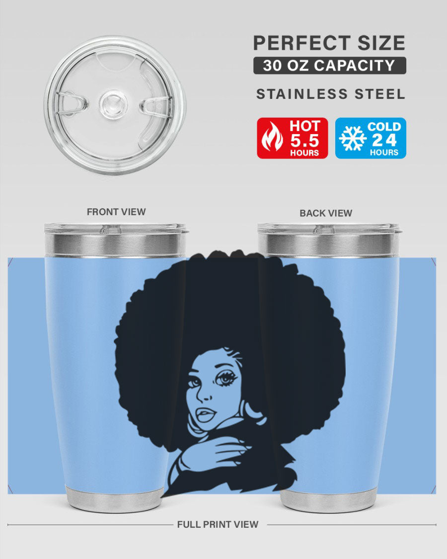 Black Women - Queen 20oz and 30oz tumblers featuring double wall vacuum stainless steel design with vibrant prints celebrating black women.