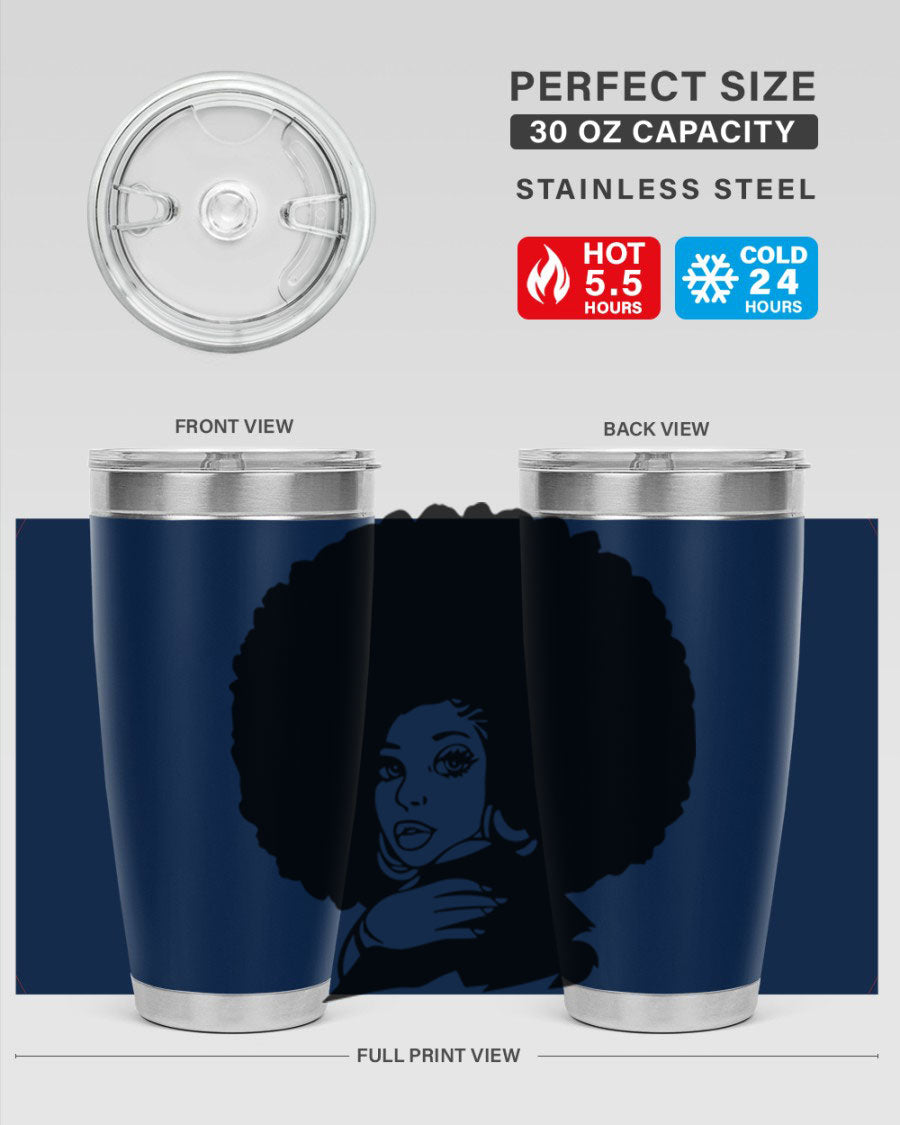 Black Women - Queen 20oz and 30oz tumblers featuring double wall vacuum stainless steel design with vibrant prints celebrating black women.