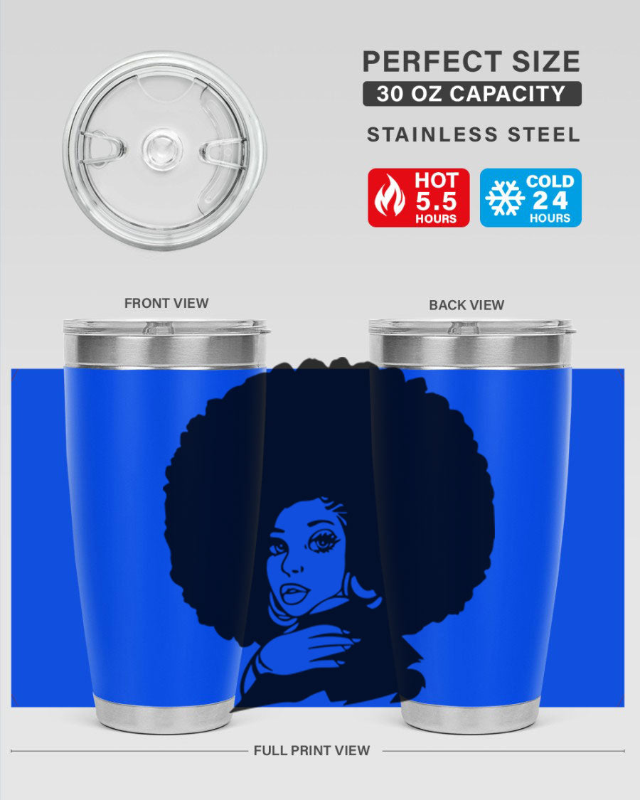 Black Women - Queen 20oz and 30oz tumblers featuring double wall vacuum stainless steel design with vibrant prints celebrating black women.