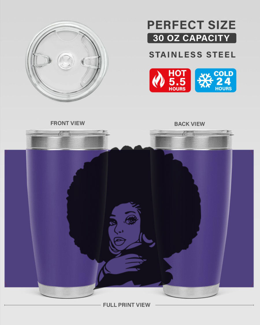 Black Women - Queen 20oz and 30oz tumblers featuring double wall vacuum stainless steel design with vibrant prints celebrating black women.