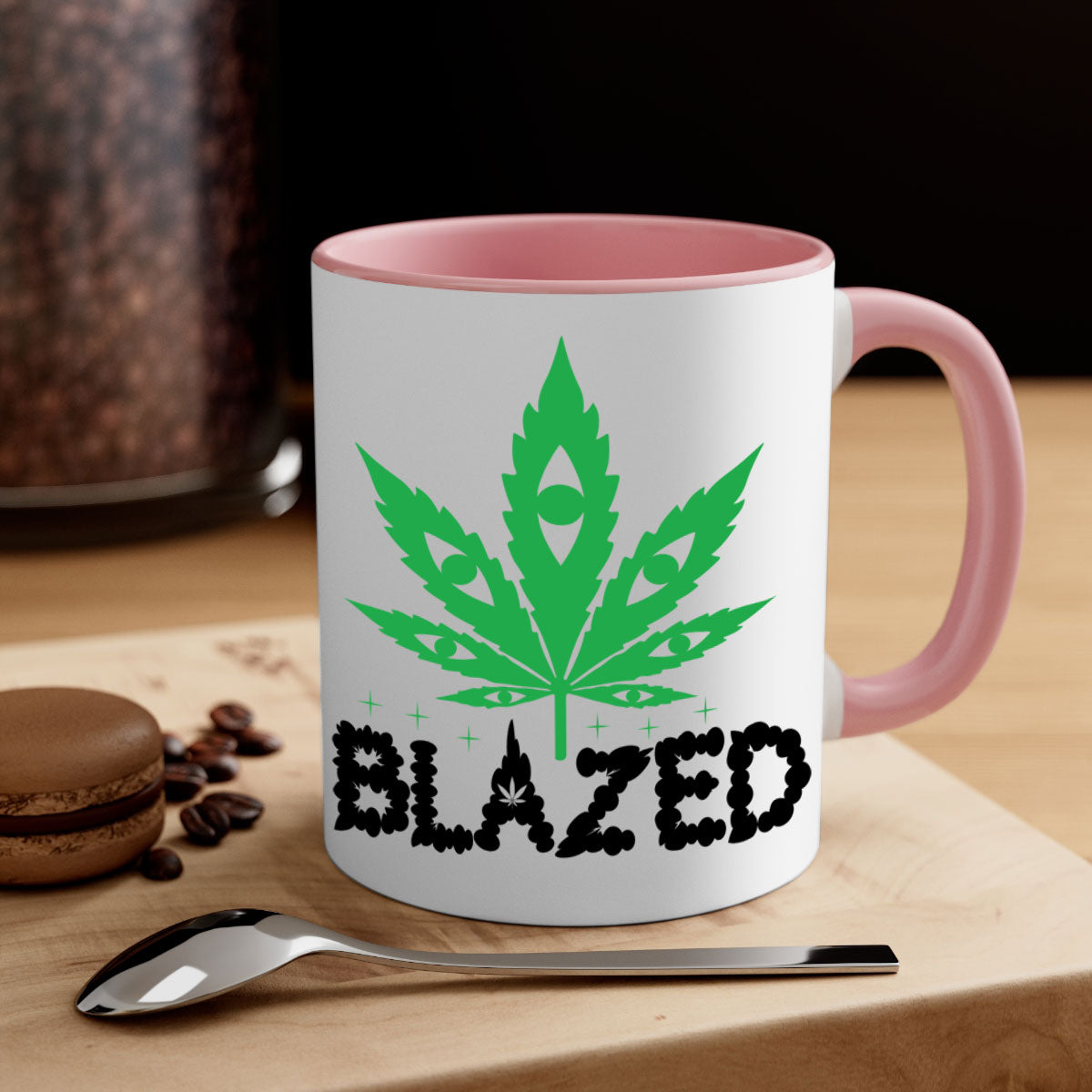 Blazed 16# Marijuana Mug with colorful handle and glossy finish, available in multiple sizes.