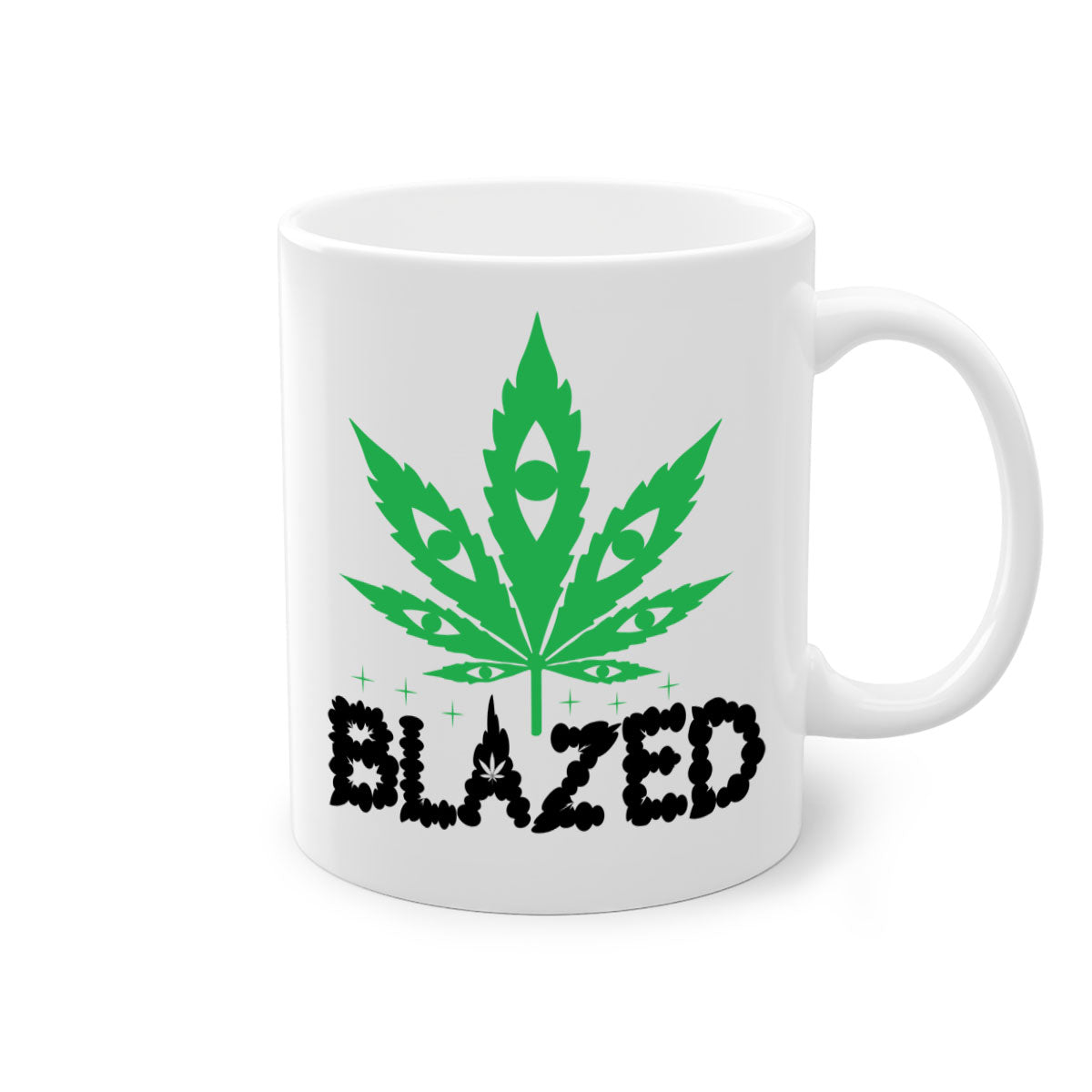 Blazed 16# Marijuana Mug with colorful handle and glossy finish, available in multiple sizes.