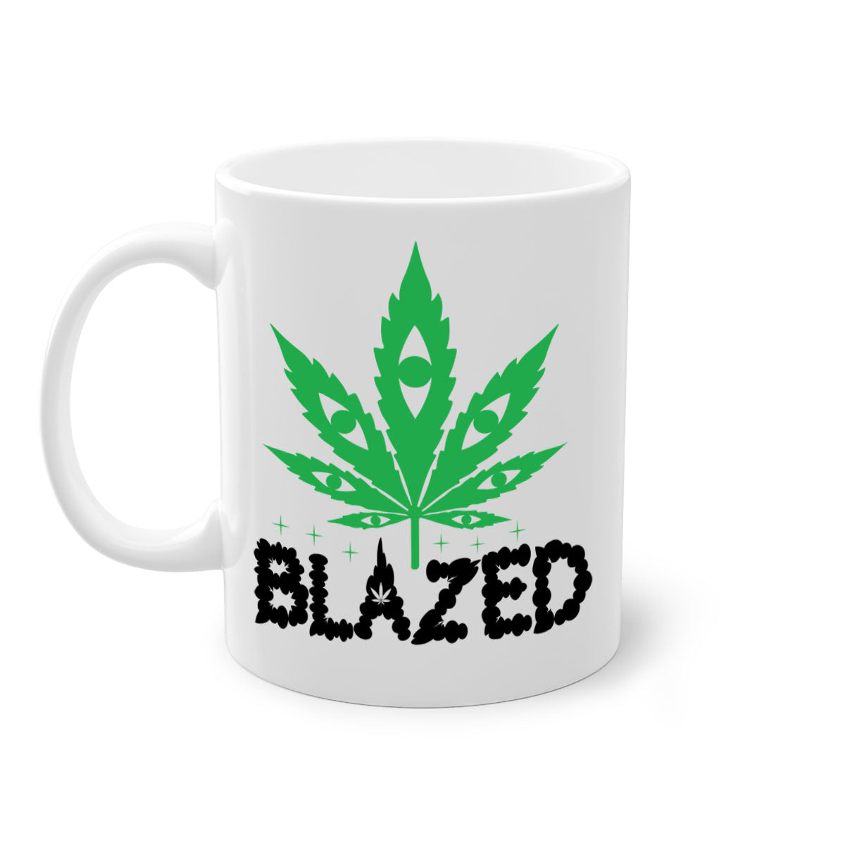 Blazed 16# Marijuana Mug with colorful handle and glossy finish, available in multiple sizes.