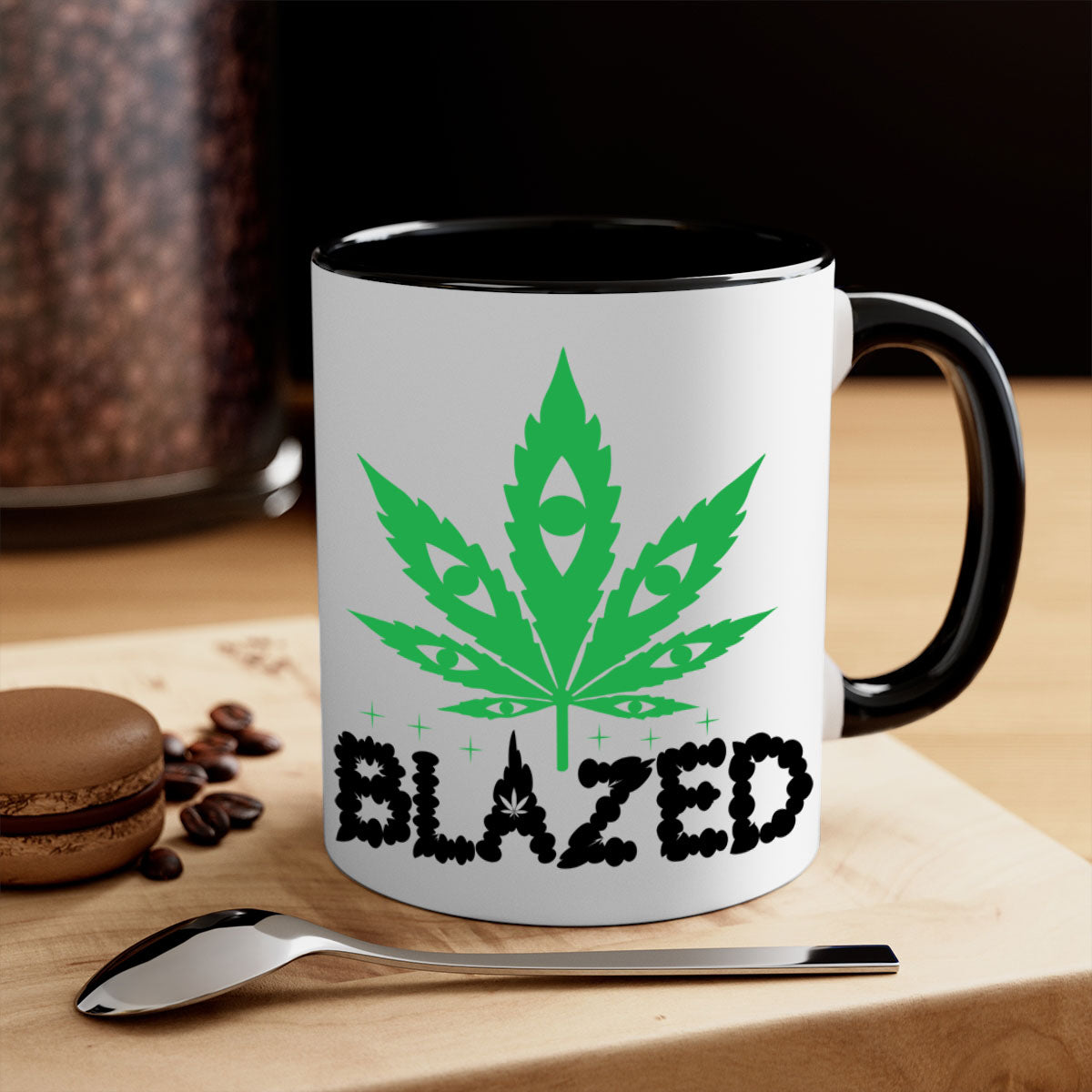 Blazed 16# Marijuana Mug with colorful handle and glossy finish, available in multiple sizes.