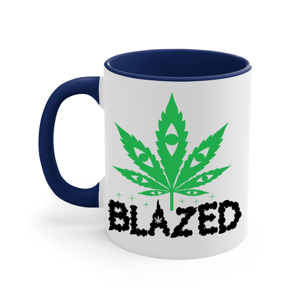 Blazed 16# Marijuana Mug with colorful handle and glossy finish, available in multiple sizes.