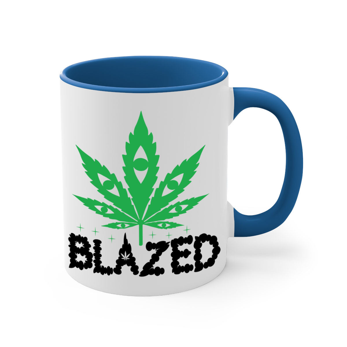 Blazed 16# Marijuana Mug with colorful handle and glossy finish, available in multiple sizes.