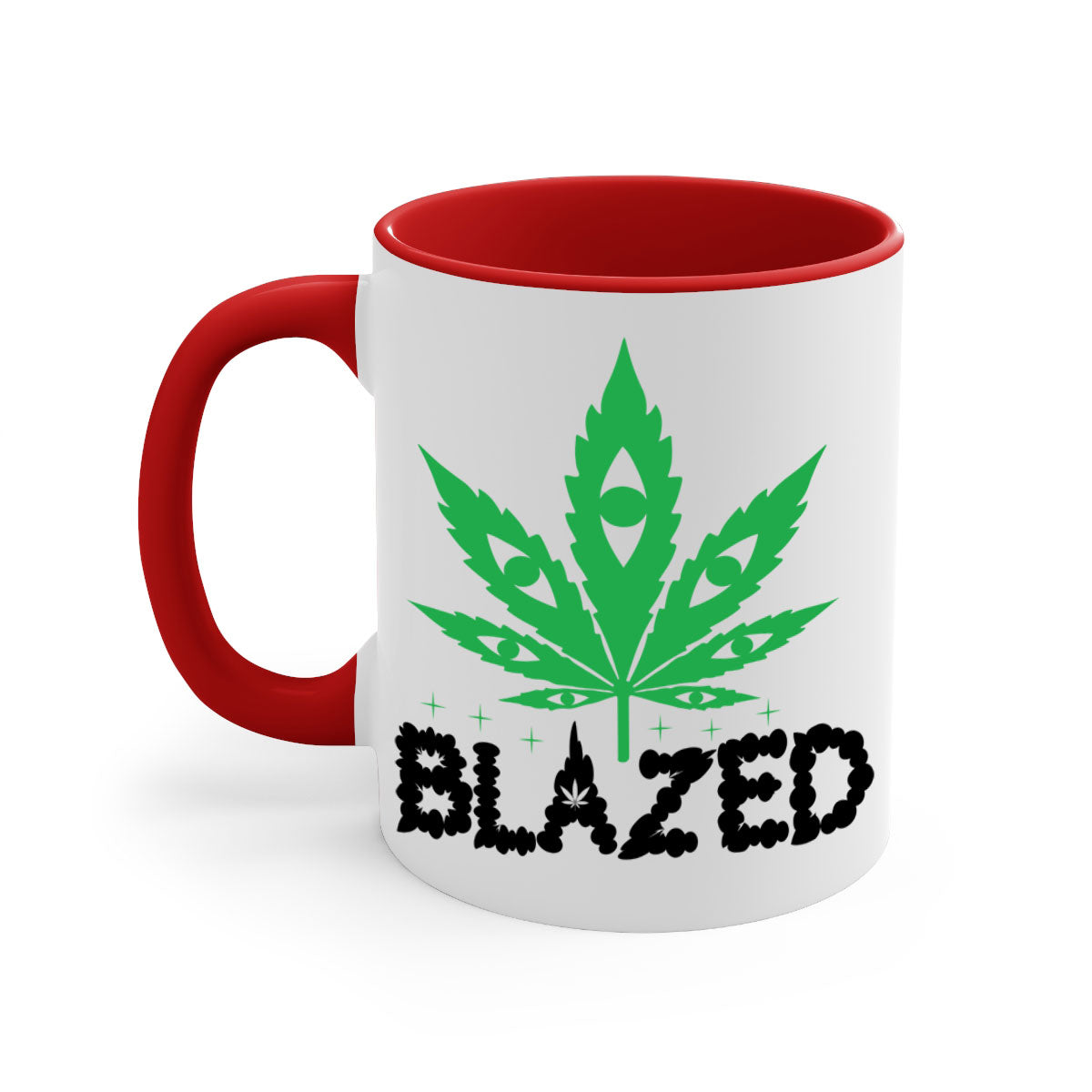 Blazed 16# Marijuana Mug with colorful handle and glossy finish, available in multiple sizes.