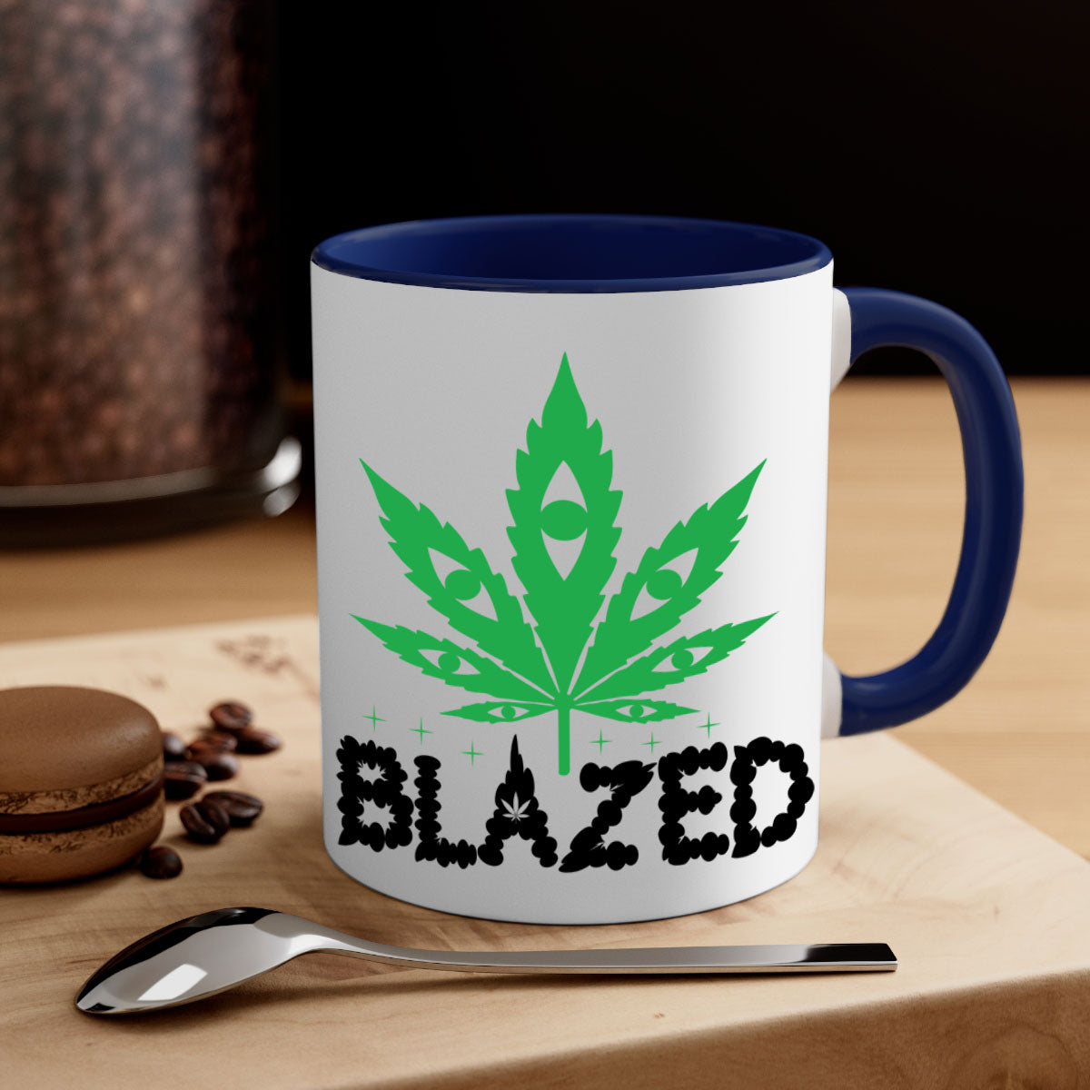 Blazed 16# Marijuana Mug with colorful handle and glossy finish, available in multiple sizes.