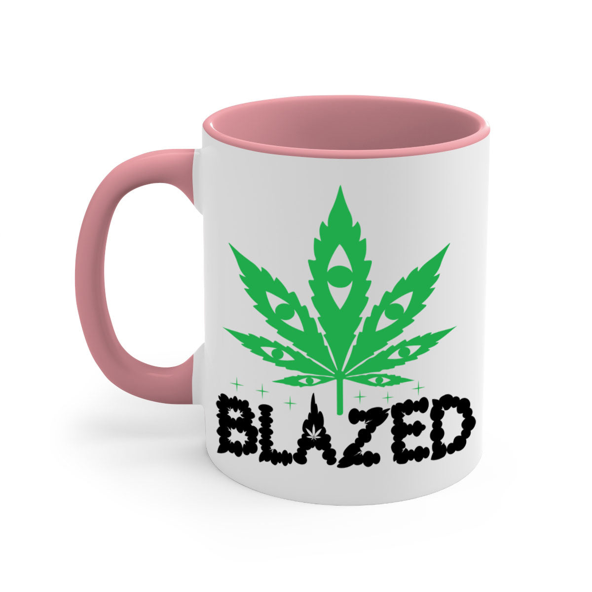 Blazed 16# Marijuana Mug with colorful handle and glossy finish, available in multiple sizes.