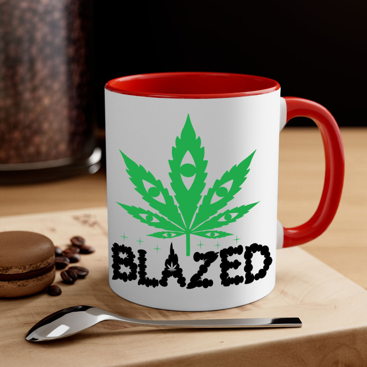 Blazed 16# Marijuana Mug with colorful handle and glossy finish, available in multiple sizes.