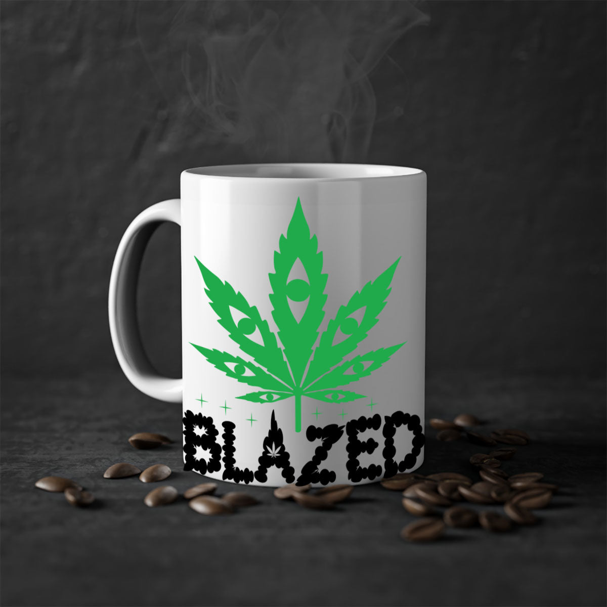 Blazed 16# Marijuana Mug with colorful handle and glossy finish, available in multiple sizes.