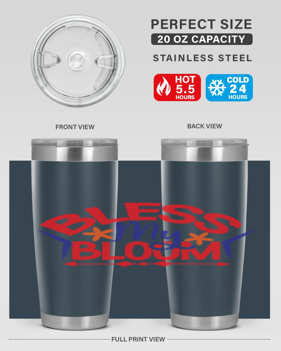 Bless My Bloom 20oz Tumbler in stainless steel with floral design, featuring a drink-thru lid.