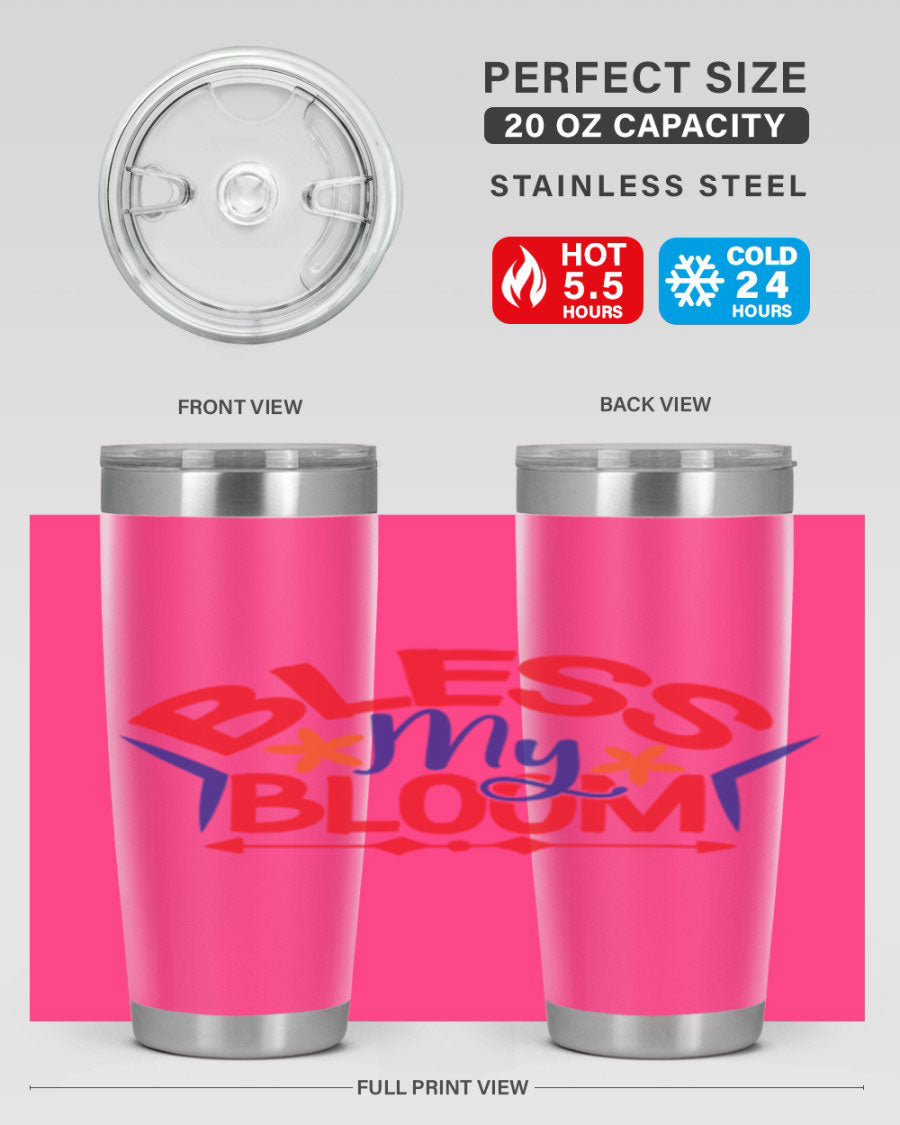 Bless My Bloom 20oz Tumbler in stainless steel with floral design, featuring a drink-thru lid.