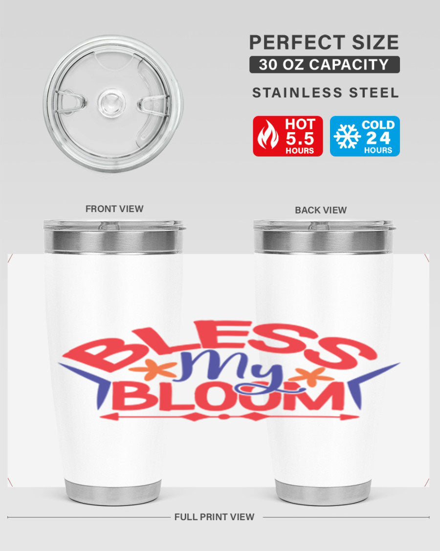 Bless My Bloom 20oz Tumbler in stainless steel with floral design, featuring a drink-thru lid.