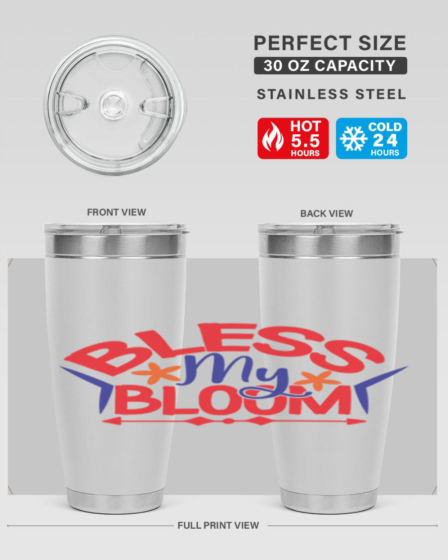 Bless My Bloom 20oz Tumbler in stainless steel with floral design, featuring a drink-thru lid.