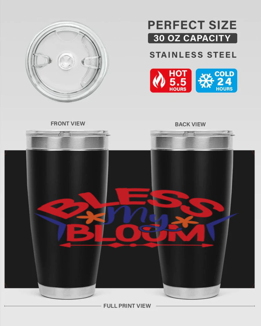 Bless My Bloom 20oz Tumbler in stainless steel with floral design, featuring a drink-thru lid.