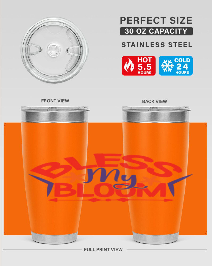 Bless My Bloom 20oz Tumbler in stainless steel with floral design, featuring a drink-thru lid.