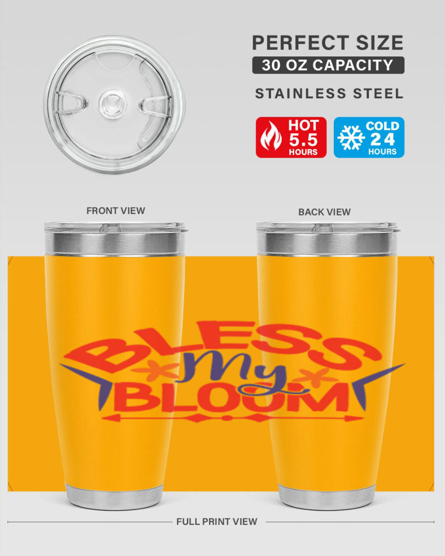 Bless My Bloom 20oz Tumbler in stainless steel with floral design, featuring a drink-thru lid.